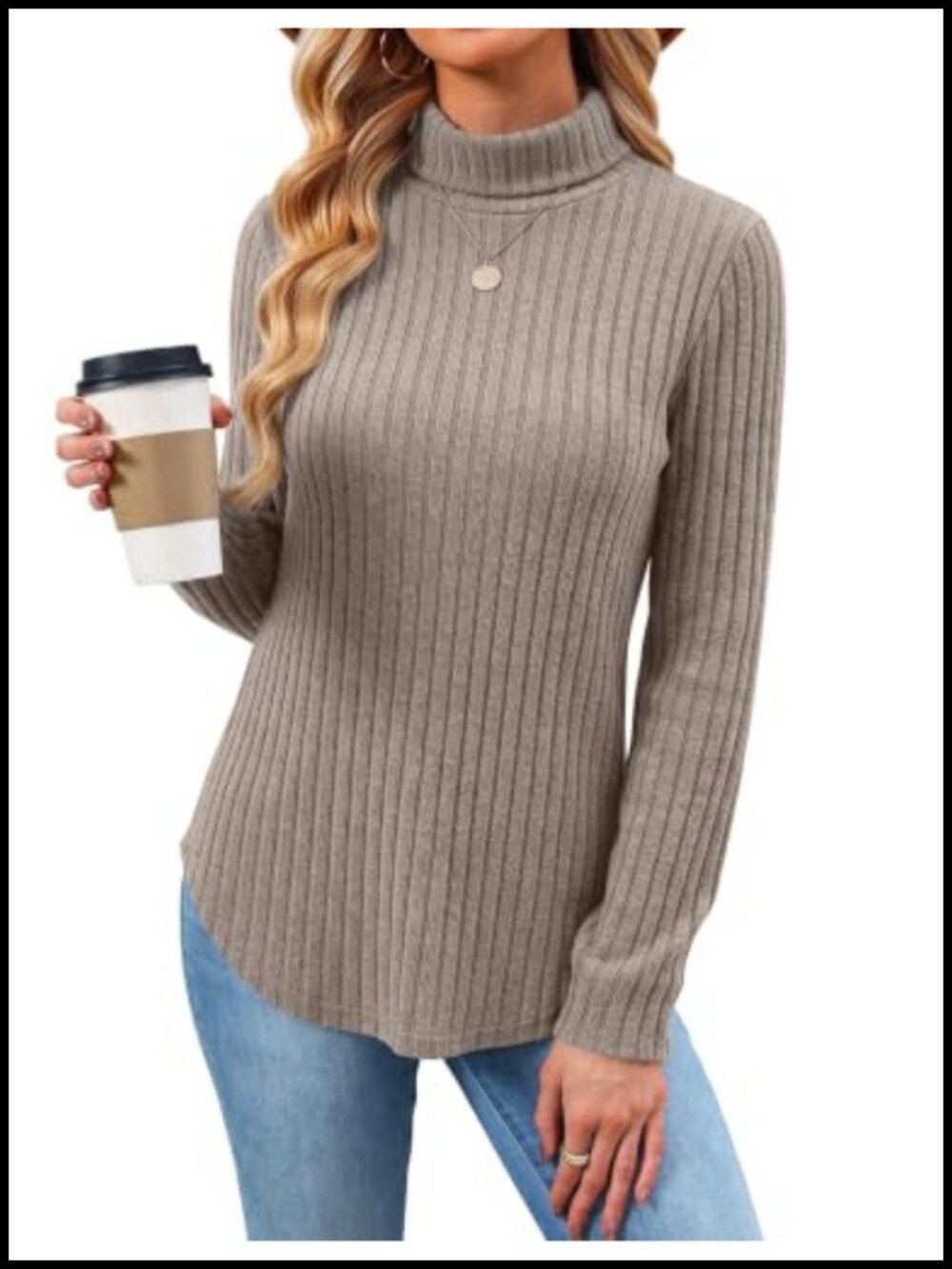 Women's Turtleneck Tunic Sweater Long Sleeve Fold-Over Neck